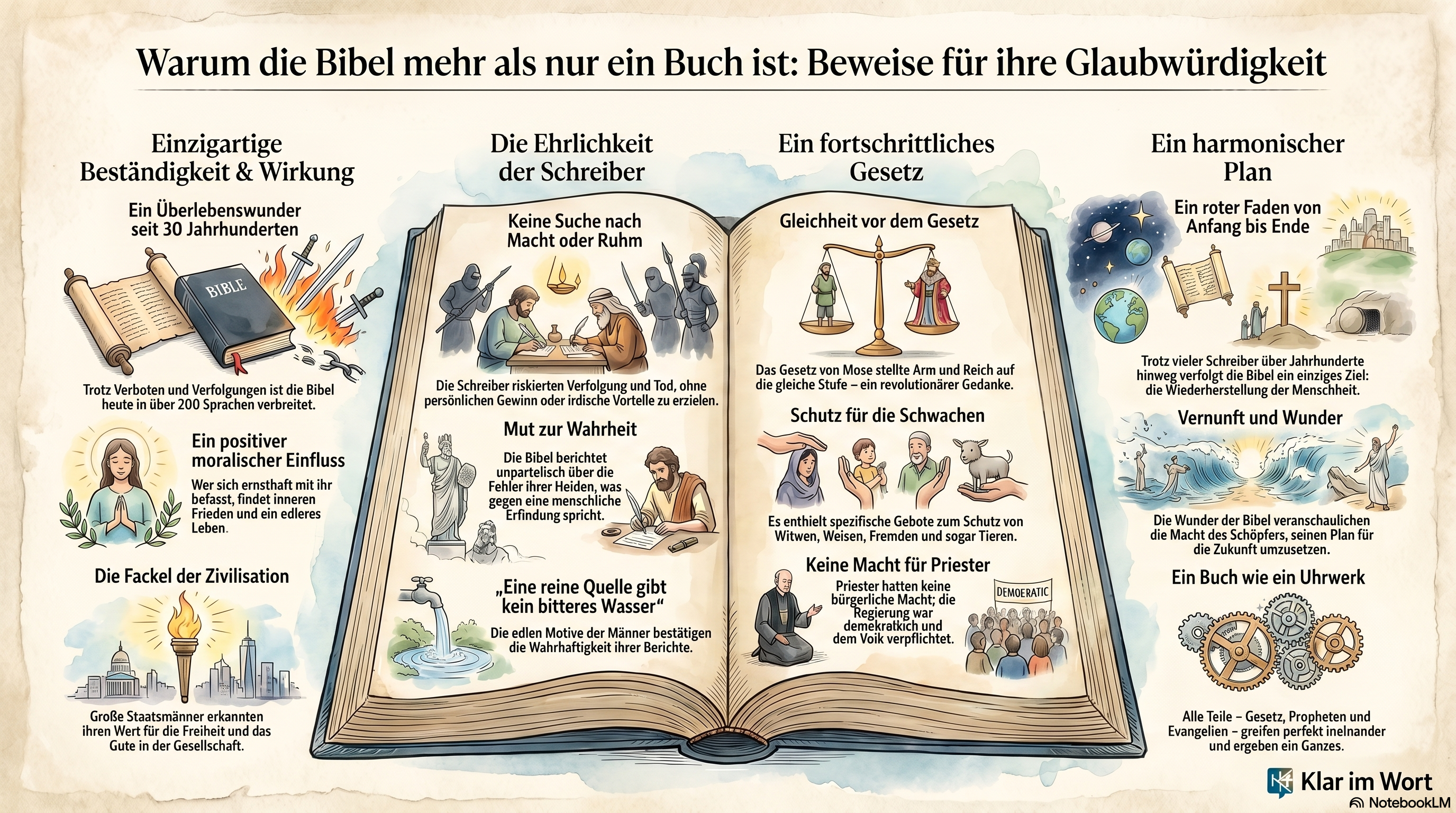 Infografik zur Bibel als Offenbarung mit Bibel, Zeitlinie, Propheten, Kreuz, Auferstehung und Wiederherstellung.