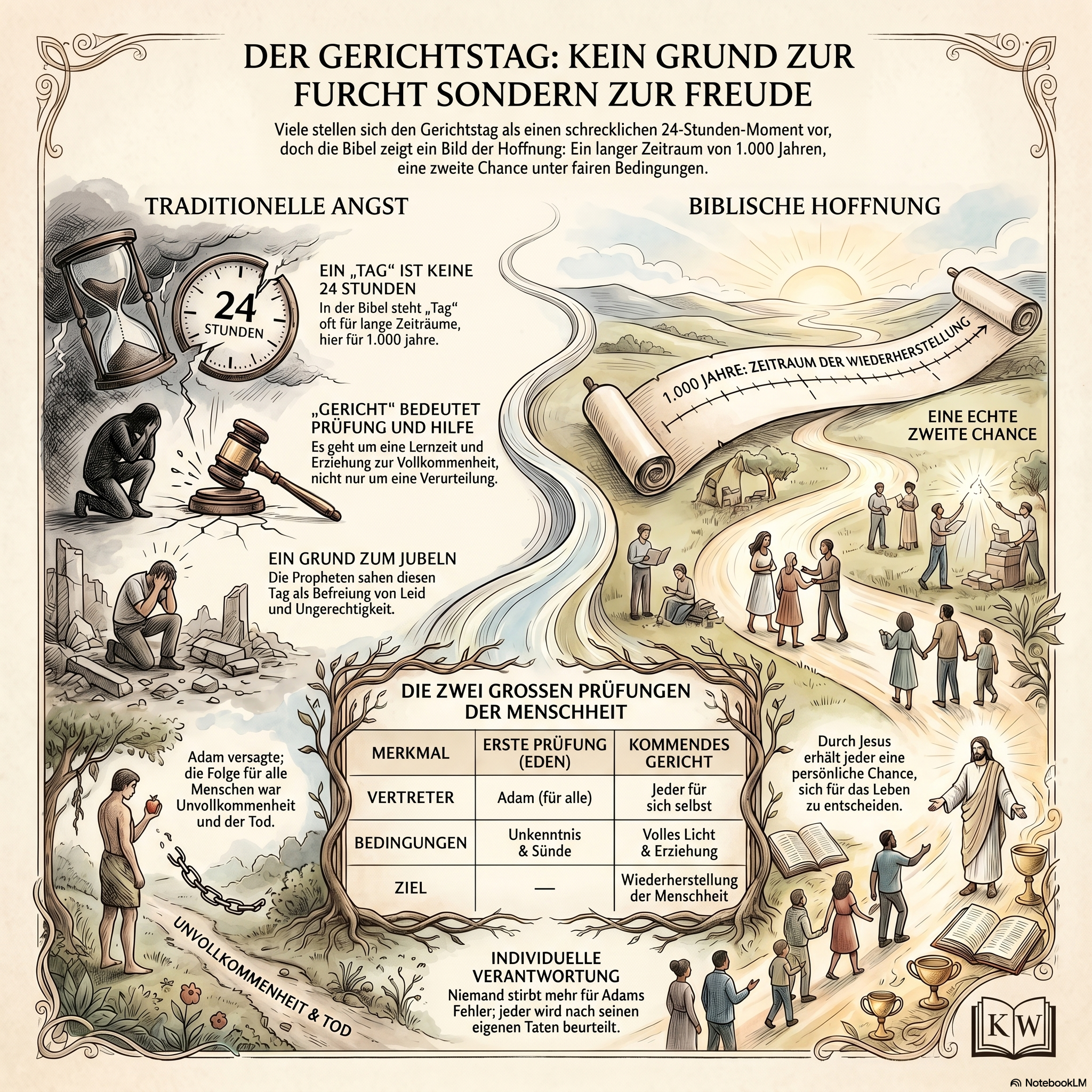Infografik zum Gerichtstag mit Gegenüberstellung von traditioneller Angst und biblischer Hoffnung, einer tausendjährigen Zeitlinie sowie Christus als Hoffnungsträger.