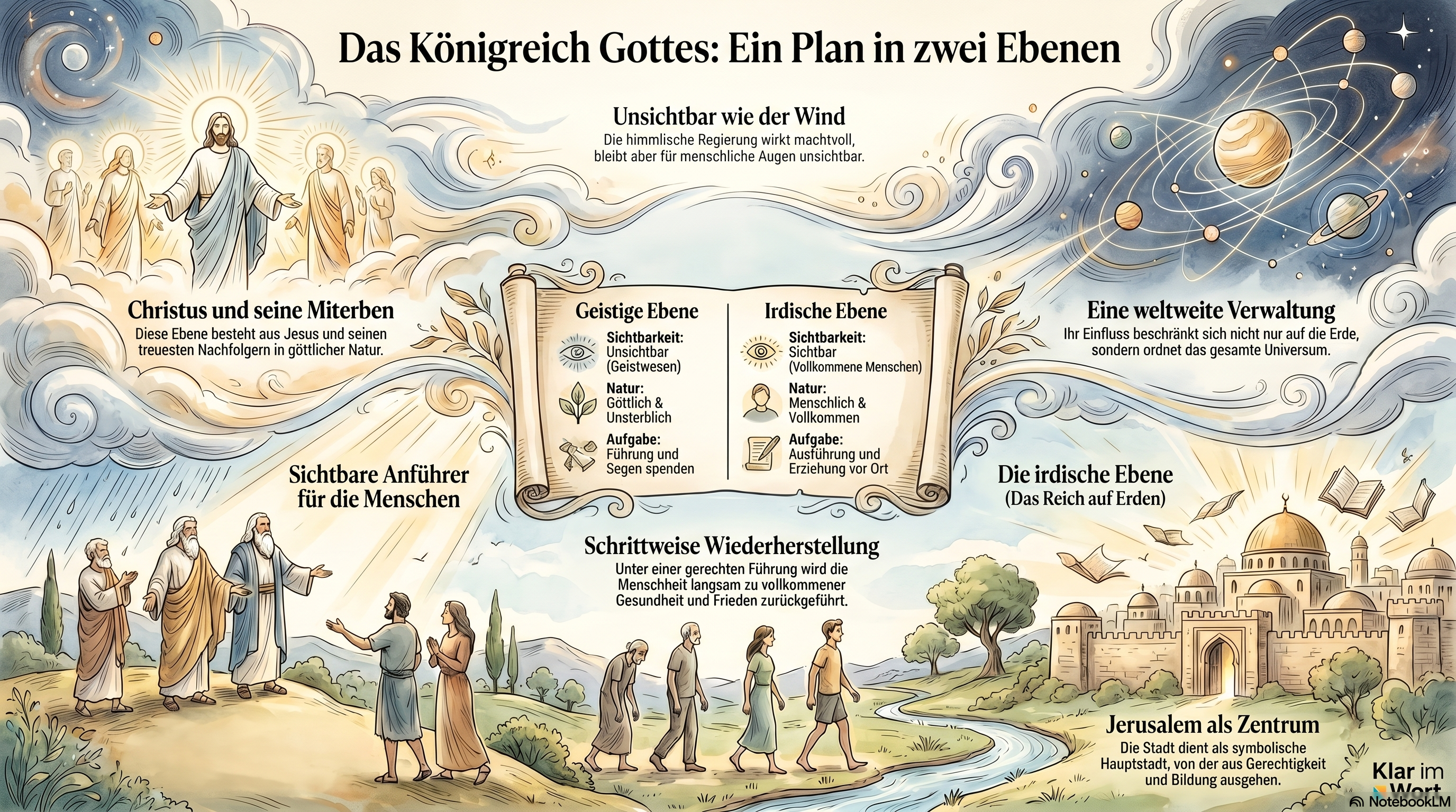 Infografik zum Königreich Gottes mit Christus als König, himmlischer und irdischer Dimension, Wiederherstellung und dem Gebet Dein Reich komme.